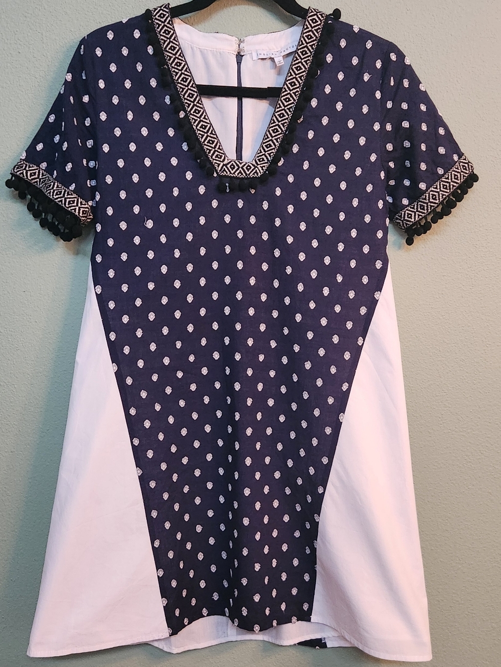 English Factory Cotton Navy/White Mixed-Media Shift Silhoutte Mini Dress - Sz M